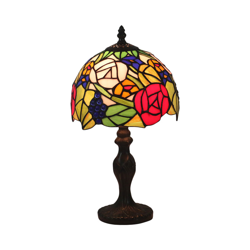 1-Light Domed Night Lighting Tiffany Style Bronze Stained Art Glass Rose Patterned Desk Light Clearhalo 'Lamps' 'Table Lamps' Lighting' 889959