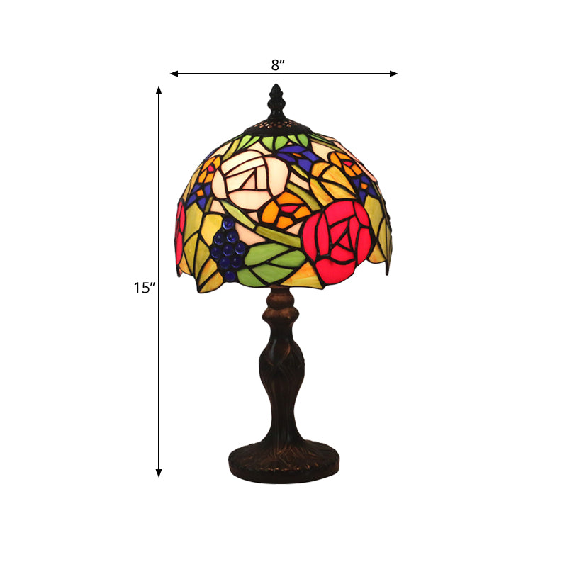 1-Light Domed Night Lighting Tiffany Style Bronze Stained Art Glass Rose Patterned Desk Light Clearhalo 'Lamps' 'Table Lamps' Lighting' 889961