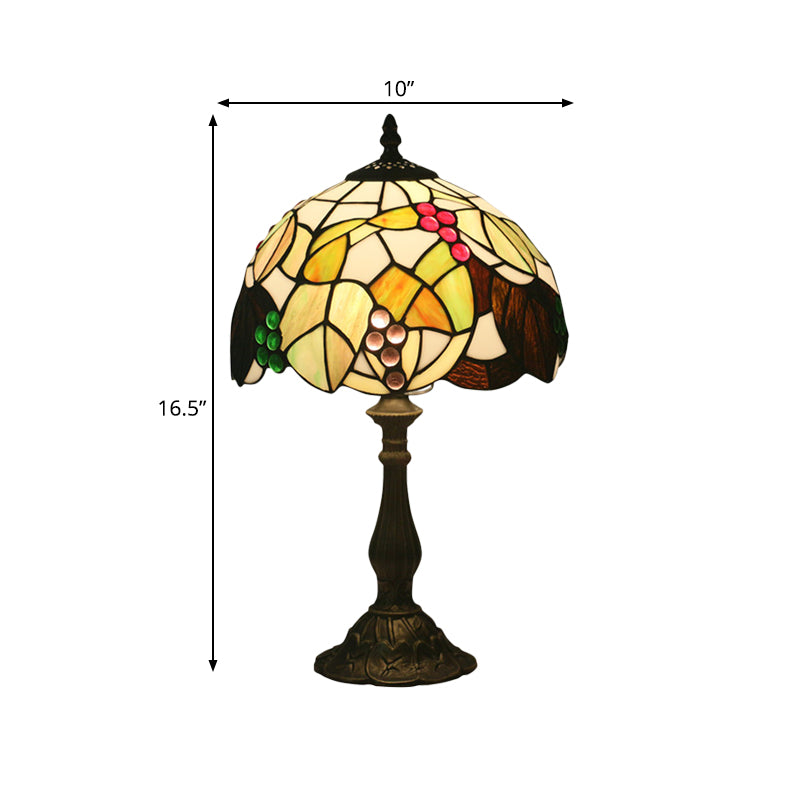 Bowl Shaped Stained Glass Desk Light Tiffany Style 1-Head Bronze Leaf and Fruit Patterned Night Table Lighting Clearhalo 'Lamps' 'Table Lamps' Lighting' 889977