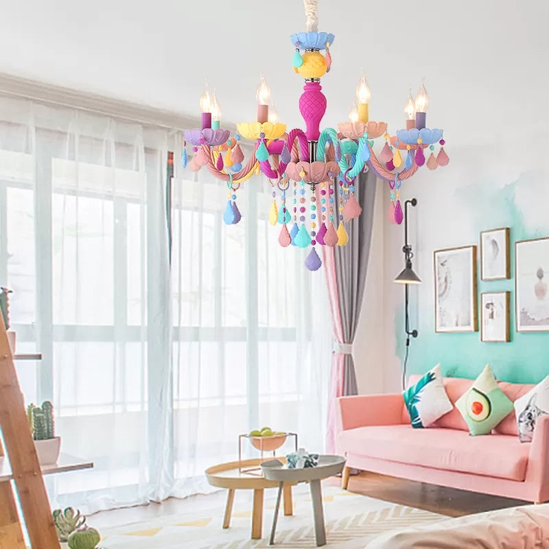 Kids Candle Chandelier with Crystal Decoration Multi-Color Hanging Light for Kindergarten 8 Pink-Yellow-Green-Grey-Blue-Purple Clearhalo 'Ceiling Lights' 'Chandeliers' 'Close To Ceiling Lights' 'Glass shade' 'Glass' 'Island Lights' Lighting' 88998