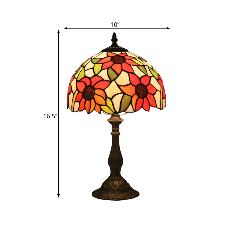 1-Head Bedside Nightstand Lighting Victorian Bronze Sunflower Patterned Night Light with Bowl Cut Glass Shade Clearhalo 'Lamps' 'Table Lamps' Lighting' 889981