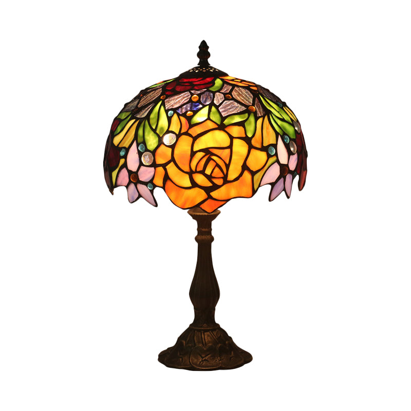 Stained Glass Bronze Night Light Rose 1 Light Baroque Style Table Lighting with Bowl Shade for Bedroom Clearhalo 'Lamps' 'Table Lamps' Lighting' 889987