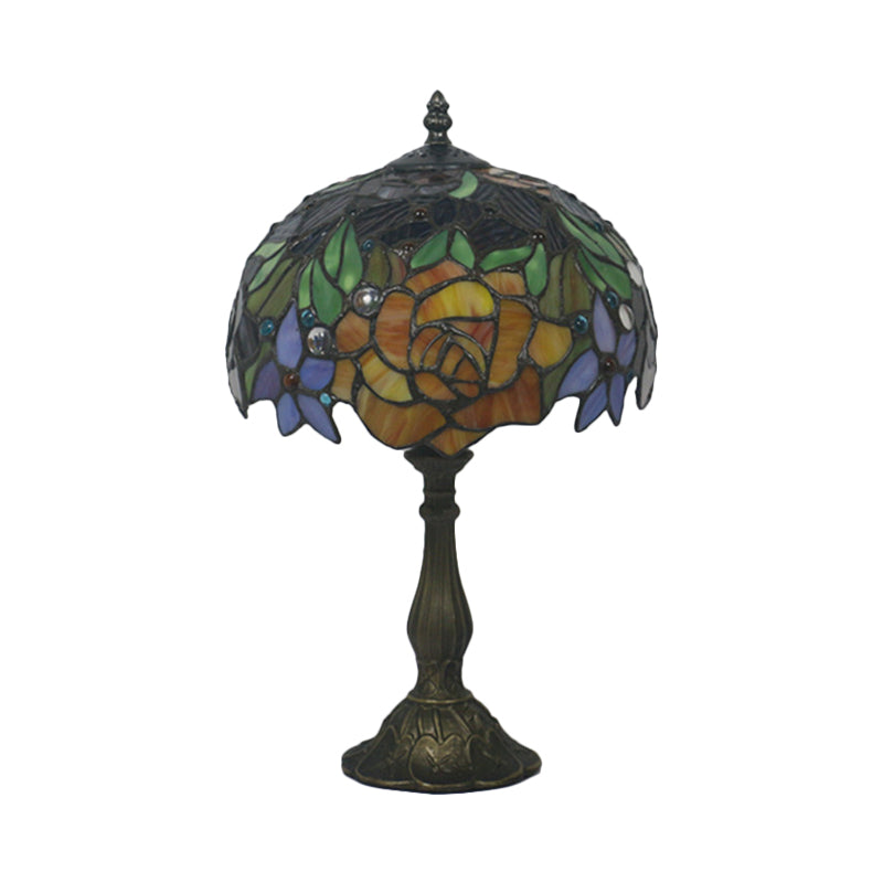 Stained Glass Bronze Night Light Rose 1 Light Baroque Style Table Lighting with Bowl Shade for Bedroom Clearhalo 'Lamps' 'Table Lamps' Lighting' 889988
