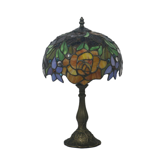 Stained Glass Bronze Night Light Rose 1 Light Baroque Style Table Lighting with Bowl Shade for Bedroom Clearhalo 'Lamps' 'Table Lamps' Lighting' 889988