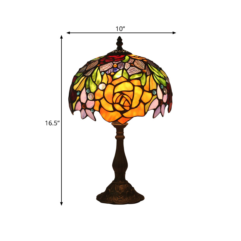 Stained Glass Bronze Night Light Rose 1 Light Baroque Style Table Lighting with Bowl Shade for Bedroom Clearhalo 'Lamps' 'Table Lamps' Lighting' 889989