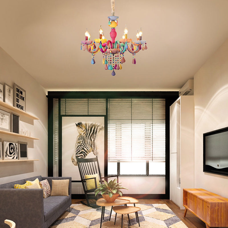 Kids Candle Chandelier with Crystal Decoration Multi-Color Hanging Light for Kindergarten Clearhalo 'Ceiling Lights' 'Chandeliers' 'Close To Ceiling Lights' 'Glass shade' 'Glass' 'Island Lights' Lighting' 88999