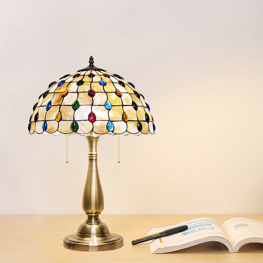 Jewel-Embedded Grid Table Light Tiffany Shell 2 Bulbs Gold Pull Chain Nightstand Lamp for Bedroom Clearhalo 'Lamps' 'Table Lamps' Lighting' 890019