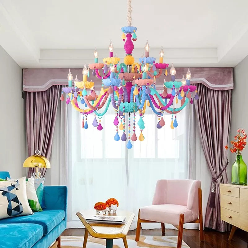 Kids Candle Chandelier with Crystal Decoration Multi-Color Hanging Light for Kindergarten 18 Pink-Yellow-Green-Grey-Blue-Purple Clearhalo 'Ceiling Lights' 'Chandeliers' 'Close To Ceiling Lights' 'Glass shade' 'Glass' 'Island Lights' Lighting' 89002