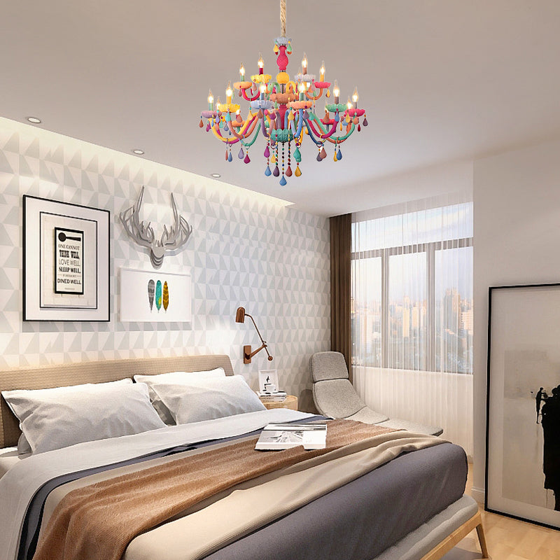 Kids Candle Chandelier with Crystal Decoration Multi-Color Hanging Light for Kindergarten Clearhalo 'Ceiling Lights' 'Chandeliers' 'Close To Ceiling Lights' 'Glass shade' 'Glass' 'Island Lights' Lighting' 89003
