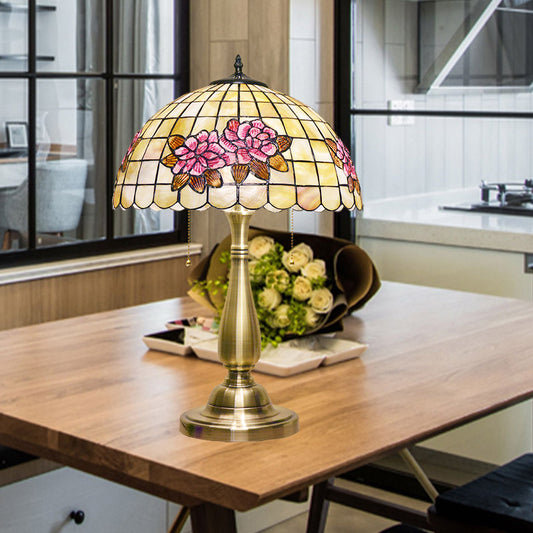 Flower Pattern Grid Shell Table Lamp Tiffany Style 2 Bulbs Gold Finish Night Stand Light with Pull Chain Gold Clearhalo 'Lamps' 'Table Lamps' Lighting' 890030