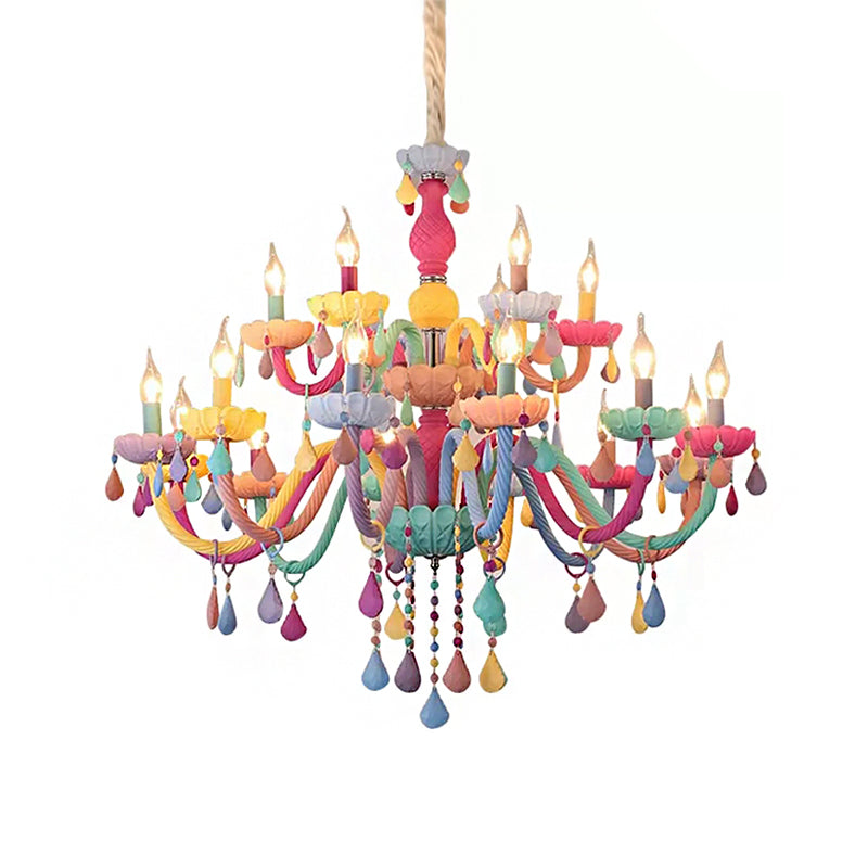 Kids Candle Chandelier with Crystal Decoration Multi-Color Hanging Light for Kindergarten Clearhalo 'Ceiling Lights' 'Chandeliers' 'Close To Ceiling Lights' 'Glass shade' 'Glass' 'Island Lights' Lighting' 89004