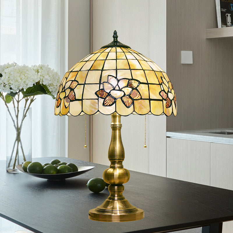 Lotus Blossom Gridded Table Light 2-Light Shell Victorian Style Night Stand Lamp with Pull Chain in Brushed Brass Brushed Brass Clearhalo 'Lamps' 'Table Lamps' Lighting' 890070