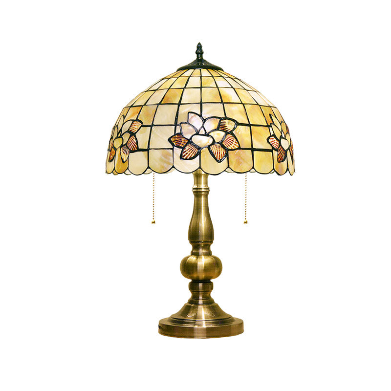 Lotus Blossom Gridded Table Light 2-Light Shell Victorian Style Night Stand Lamp with Pull Chain in Brushed Brass Clearhalo 'Lamps' 'Table Lamps' Lighting' 890071