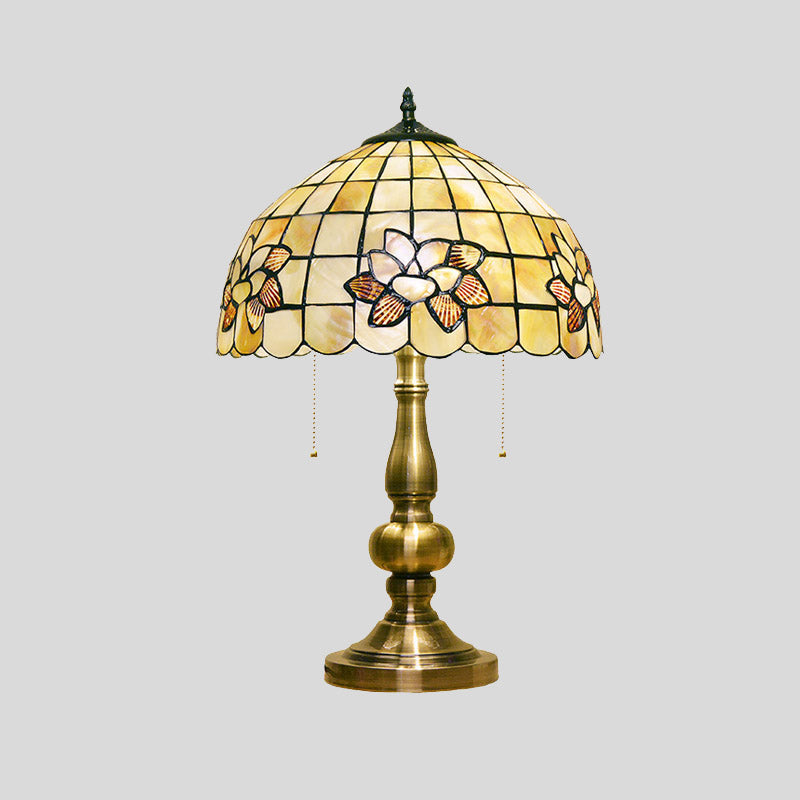 Lotus Blossom Gridded Table Light 2-Light Shell Victorian Style Night Stand Lamp with Pull Chain in Brushed Brass Clearhalo 'Lamps' 'Table Lamps' Lighting' 890072