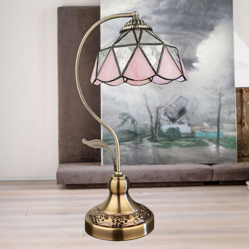 Barn Shape Table Lamp 1-Head Pink and Silver Triangle-Cut Glass Tiffany Nightstand Light in Bronze Bronze Clearhalo 'Desk Lamps' 'Lamps' Lighting' 890094