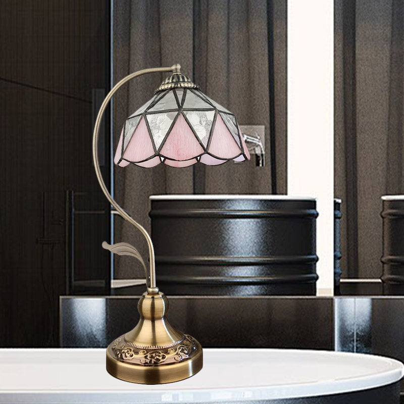 Barn Shape Table Lamp 1-Head Pink and Silver Triangle-Cut Glass Tiffany Nightstand Light in Bronze Clearhalo 'Desk Lamps' 'Lamps' Lighting' 890095