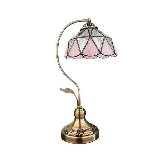Barn Shape Table Lamp 1-Head Pink and Silver Triangle-Cut Glass Tiffany Nightstand Light in Bronze Clearhalo 'Desk Lamps' 'Lamps' Lighting' 890096