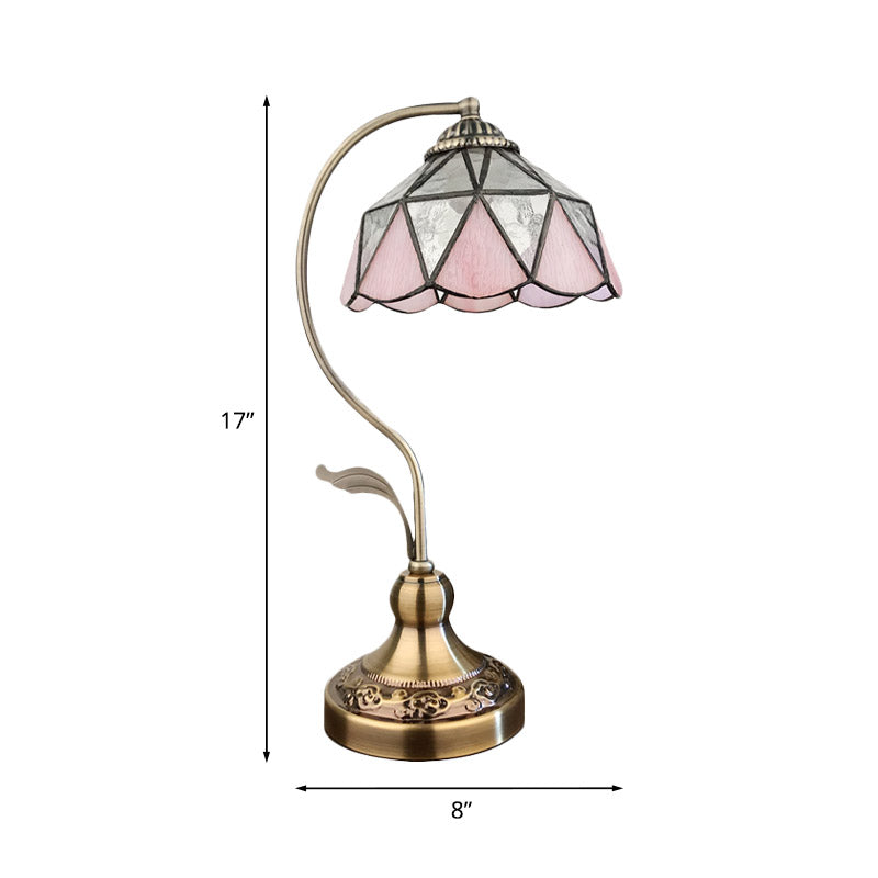 Barn Shape Table Lamp 1-Head Pink and Silver Triangle-Cut Glass Tiffany Nightstand Light in Bronze Clearhalo 'Desk Lamps' 'Lamps' Lighting' 890097