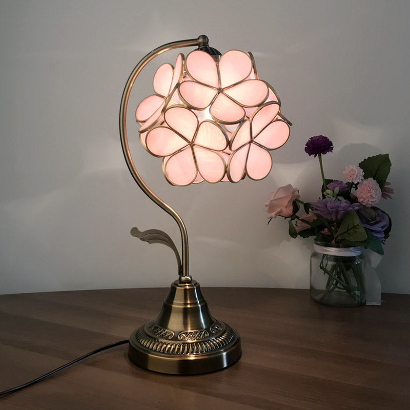 Pink Glass Cluster-Flower Table Light Romantic Tiffany Single Bronze Night Stand Lamp Clearhalo 'Desk Lamps' 'Lamps' Lighting' 890099