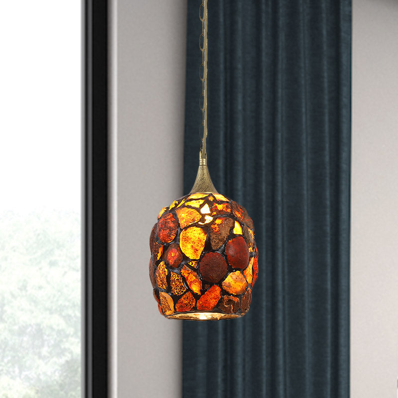 Antiqued Brass 1-Light Drop Pendant Tiffany Agate Cloche Hanging Lamp with Pebble Design Brass Clearhalo 'Ceiling Lights' 'Industrial' 'Middle Century Pendants' 'Pendant Lights' 'Pendants' 'Tiffany close to ceiling' 'Tiffany Pendants' 'Tiffany' Lighting' 890110