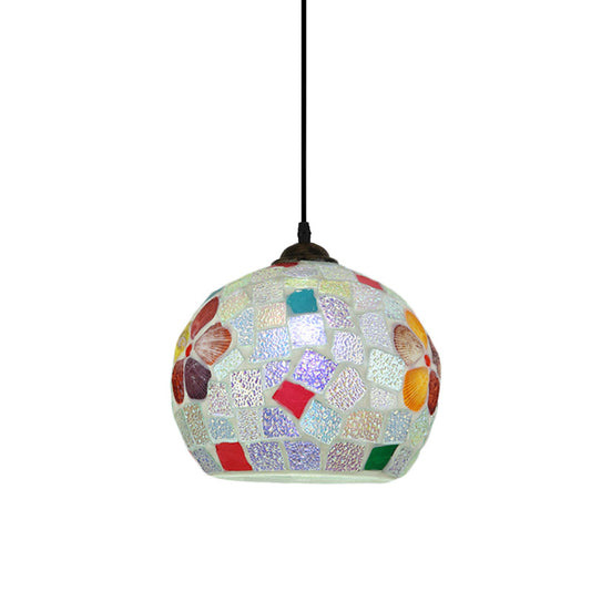 Bronze 1-Light Pendant Light Kit Baroque Stained Glass Tartan Pattern Sphere Hanging Lamp