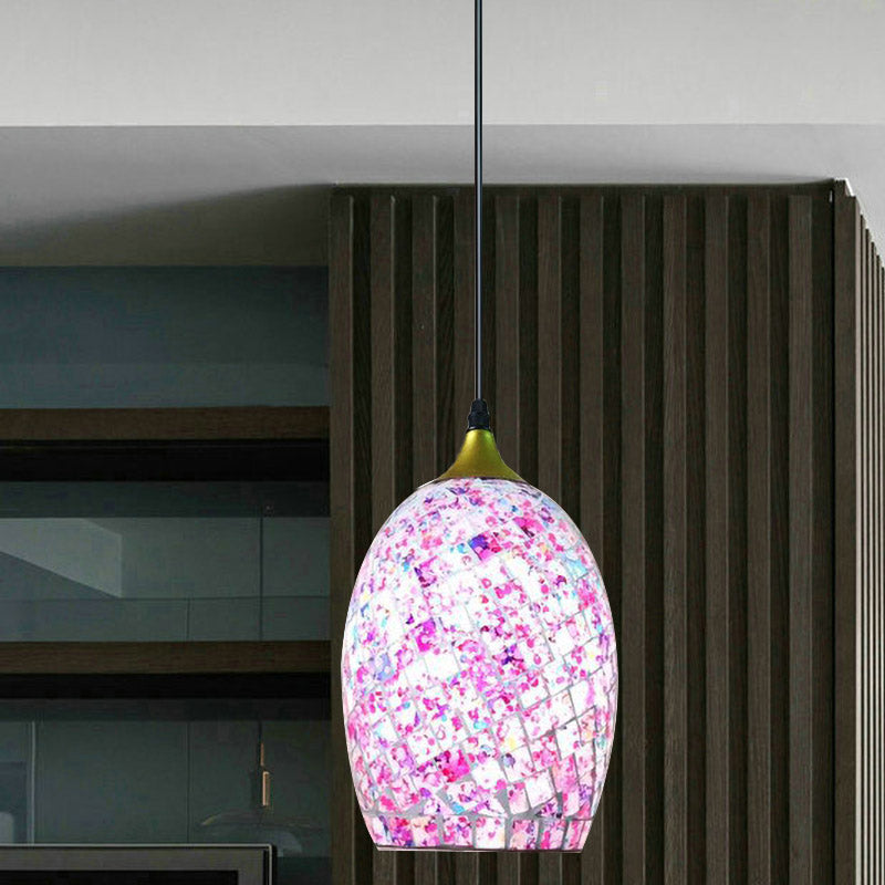 1 Bulb Dining Table Suspension Pendant Tiffany Black Hanging Light Kit with Ovoid Red/Pink/Black Crackle Glass Shade Pink Clearhalo 'Ceiling Lights' 'Close To Ceiling Lights' 'Industrial' 'Middle Century Pendants' 'Pendant Lights' 'Pendants' 'Tiffany close to ceiling' 'Tiffany Pendants' 'Tiffany' Lighting' 890143