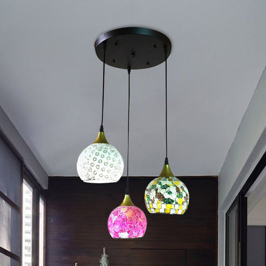 Black 3 Lights Hanging Lamp Tiffany Stained Art Glass Cluster Dome Pendant with Round/Linear Canopy Black Round Canopy Clearhalo 'Ceiling Lights' 'Industrial' 'Middle Century Pendants' 'Pendant Lights' 'Pendants' 'Tiffany close to ceiling' 'Tiffany Pendants' 'Tiffany' Lighting' 890157