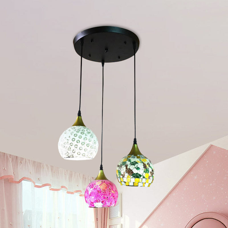Black 3 Lights Hanging Lamp Tiffany Stained Art Glass Cluster Dome Pendant with Round/Linear Canopy Clearhalo 'Ceiling Lights' 'Industrial' 'Middle Century Pendants' 'Pendant Lights' 'Pendants' 'Tiffany close to ceiling' 'Tiffany Pendants' 'Tiffany' Lighting' 890158