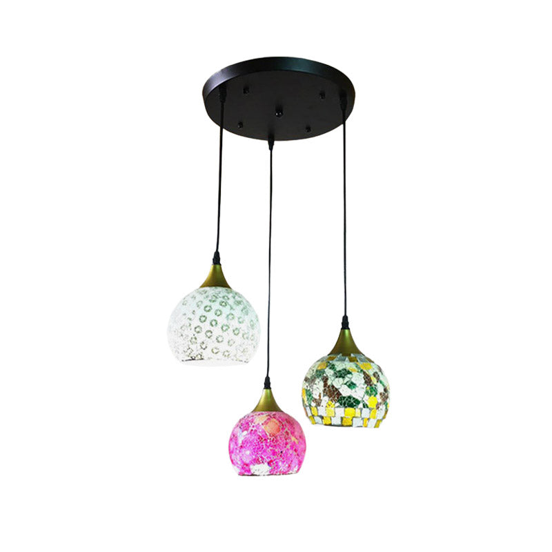 Black 3 Lights Hanging Lamp Tiffany Stained Art Glass Cluster Dome Pendant with Round/Linear Canopy Clearhalo 'Ceiling Lights' 'Industrial' 'Middle Century Pendants' 'Pendant Lights' 'Pendants' 'Tiffany close to ceiling' 'Tiffany Pendants' 'Tiffany' Lighting' 890159