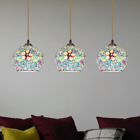 Tiffany Style Domed Multi Hanging Light 3 Heads Multicolored Flower Glass Suspension Lighting in Bronze Bronze Clearhalo 'Ceiling Lights' 'Industrial' 'Middle Century Pendants' 'Pendant Lights' 'Pendants' 'Tiffany close to ceiling' 'Tiffany Pendants' 'Tiffany' Lighting' 890166