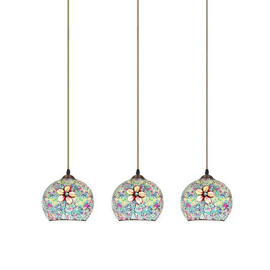 Tiffany Style Domed Multi Hanging Light 3 Heads Multicolored Flower Glass Suspension Lighting in Bronze Clearhalo 'Ceiling Lights' 'Industrial' 'Middle Century Pendants' 'Pendant Lights' 'Pendants' 'Tiffany close to ceiling' 'Tiffany Pendants' 'Tiffany' Lighting' 890168