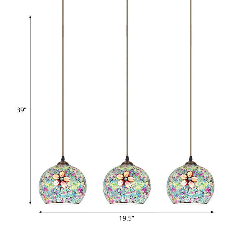 Tiffany Style Domed Multi Hanging Light 3 Heads Multicolored Flower Glass Suspension Lighting in Bronze Clearhalo 'Ceiling Lights' 'Industrial' 'Middle Century Pendants' 'Pendant Lights' 'Pendants' 'Tiffany close to ceiling' 'Tiffany Pendants' 'Tiffany' Lighting' 890169