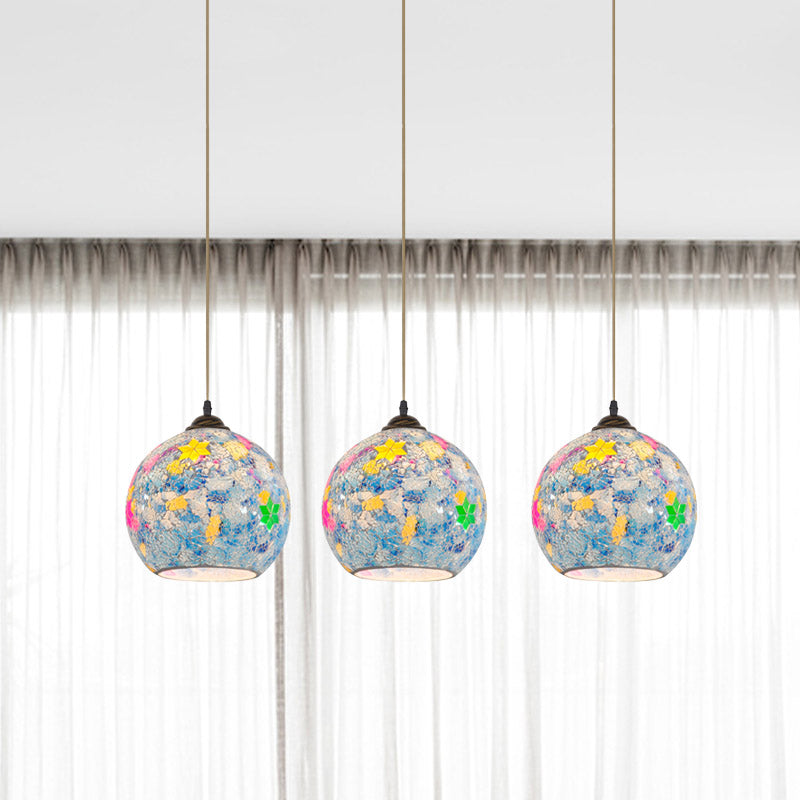 Tiffany Glass Light Blue Multi Pendant Leaf-Pattern Globe 3-Bulb Baroque Ceiling Suspension Lamp Clearhalo 'Ceiling Lights' 'Industrial' 'Middle Century Pendants' 'Pendant Lights' 'Pendants' 'Tiffany close to ceiling' 'Tiffany Pendants' 'Tiffany' Lighting' 890171