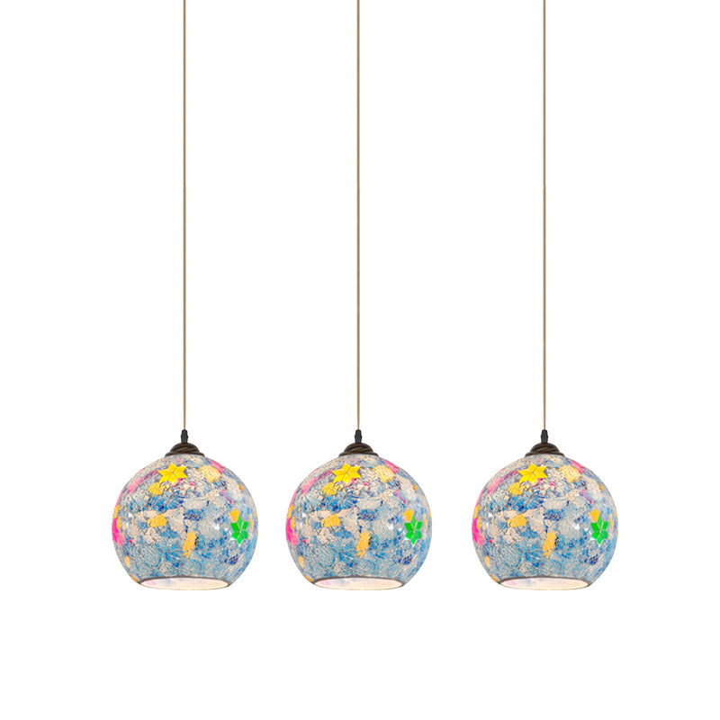 Tiffany Glass Light Blue Multi Pendant Leaf-Pattern Globe 3-Bulb Baroque Ceiling Suspension Lamp Clearhalo 'Ceiling Lights' 'Industrial' 'Middle Century Pendants' 'Pendant Lights' 'Pendants' 'Tiffany close to ceiling' 'Tiffany Pendants' 'Tiffany' Lighting' 890172