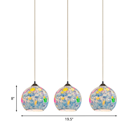 Tiffany Glass Light Blue Multi Pendant Leaf-Pattern Globe 3-Bulb Baroque Ceiling Suspension Lamp Clearhalo 'Ceiling Lights' 'Industrial' 'Middle Century Pendants' 'Pendant Lights' 'Pendants' 'Tiffany close to ceiling' 'Tiffany Pendants' 'Tiffany' Lighting' 890173