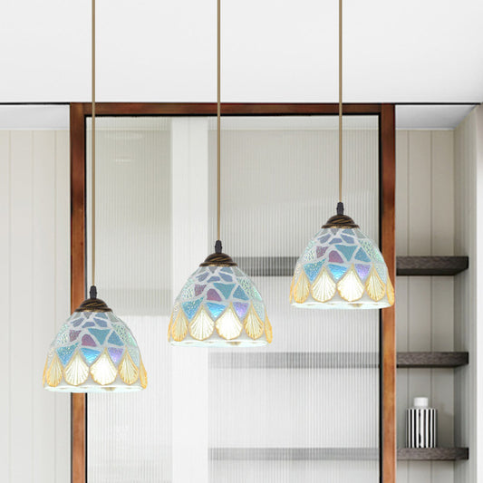 3 Heads Restaurant Drop Pendant Tiffany Bronze Multiple Hanging Lamp with Mosaic-Tile Bell Shell Shade Bronze Clearhalo 'Ceiling Lights' 'Industrial' 'Middle Century Pendants' 'Pendant Lights' 'Pendants' 'Tiffany close to ceiling' 'Tiffany Pendants' 'Tiffany' Lighting' 890174