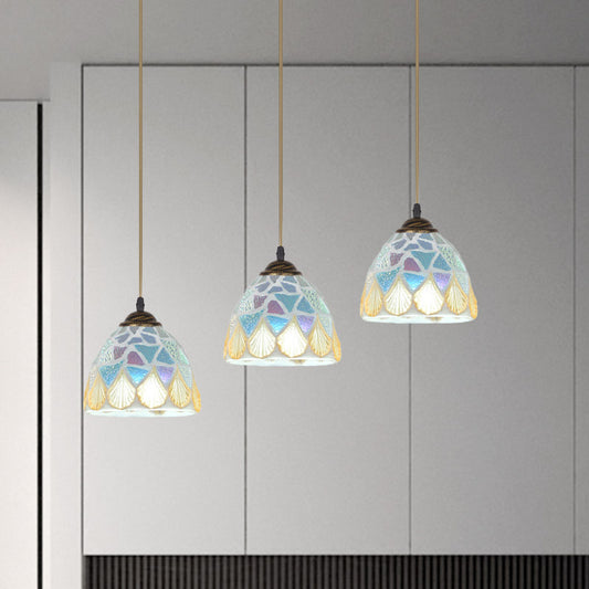 3 Heads Restaurant Drop Pendant Tiffany Bronze Multiple Hanging Lamp with Mosaic-Tile Bell Shell Shade Clearhalo 'Ceiling Lights' 'Industrial' 'Middle Century Pendants' 'Pendant Lights' 'Pendants' 'Tiffany close to ceiling' 'Tiffany Pendants' 'Tiffany' Lighting' 890175
