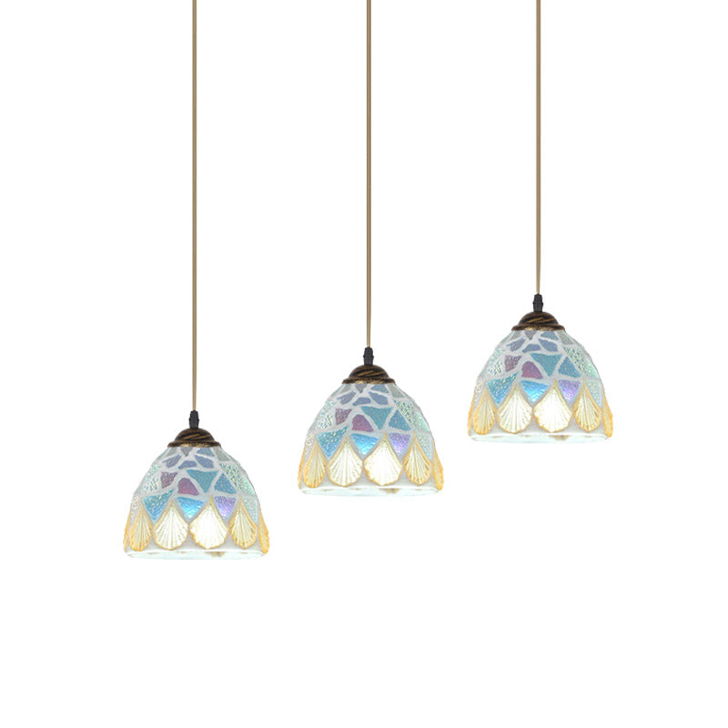 3 Heads Restaurant Drop Pendant Tiffany Bronze Multiple Hanging Lamp with Mosaic-Tile Bell Shell Shade Clearhalo 'Ceiling Lights' 'Industrial' 'Middle Century Pendants' 'Pendant Lights' 'Pendants' 'Tiffany close to ceiling' 'Tiffany Pendants' 'Tiffany' Lighting' 890176