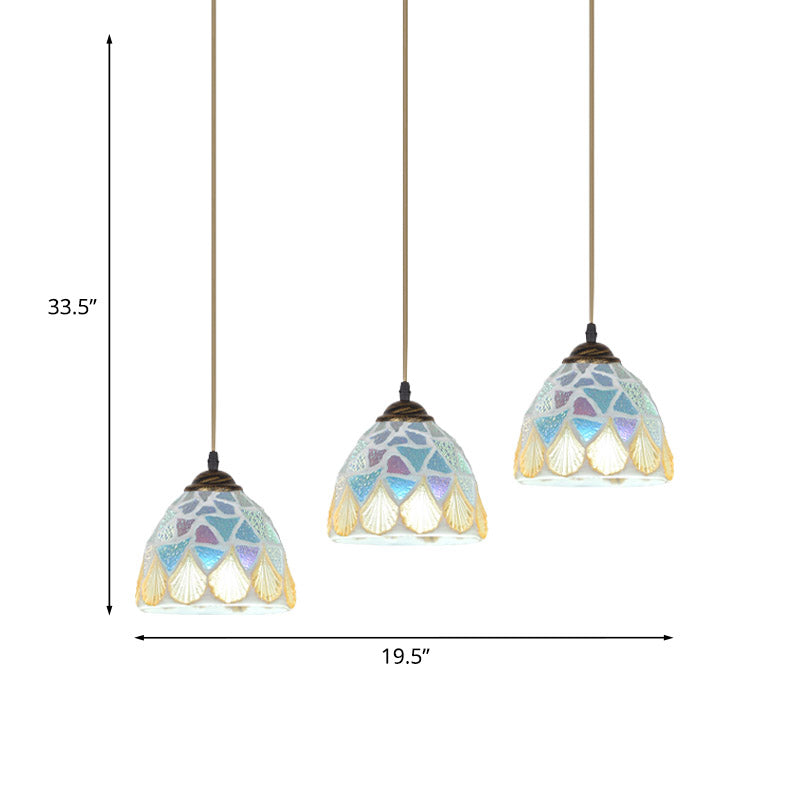 3 Heads Restaurant Drop Pendant Tiffany Bronze Multiple Hanging Lamp with Mosaic-Tile Bell Shell Shade Clearhalo 'Ceiling Lights' 'Industrial' 'Middle Century Pendants' 'Pendant Lights' 'Pendants' 'Tiffany close to ceiling' 'Tiffany Pendants' 'Tiffany' Lighting' 890177