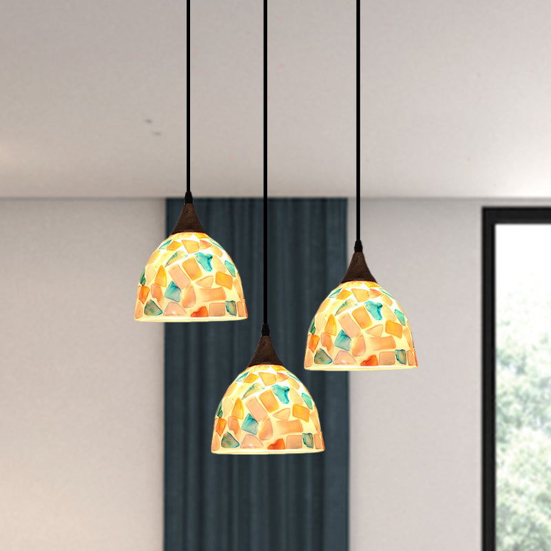 Bell Shaped Mosaic Tile Shell Drop Lamp Tiffany-Style 3 Bulbs Bronze Multi Light Pendant with Round/Linear Canopy Clearhalo 'Ceiling Lights' 'Industrial' 'Middle Century Pendants' 'Pendant Lights' 'Pendants' 'Tiffany close to ceiling' 'Tiffany Pendants' 'Tiffany' Lighting' 890183