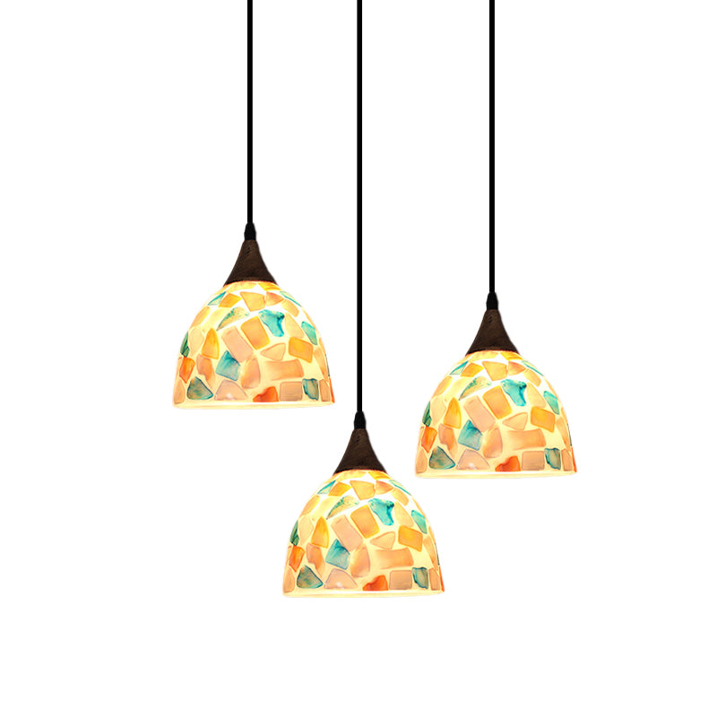 Bell Shaped Mosaic Tile Shell Drop Lamp Tiffany-Style 3 Bulbs Bronze Multi Light Pendant with Round/Linear Canopy Clearhalo 'Ceiling Lights' 'Industrial' 'Middle Century Pendants' 'Pendant Lights' 'Pendants' 'Tiffany close to ceiling' 'Tiffany Pendants' 'Tiffany' Lighting' 890184