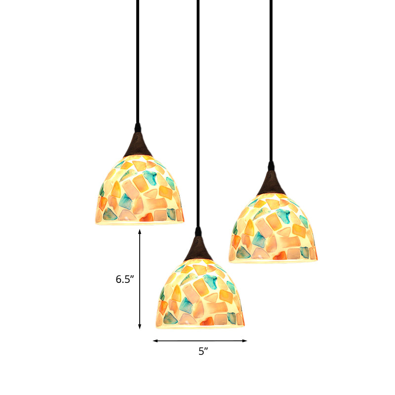 Bell Shaped Mosaic Tile Shell Drop Lamp Tiffany-Style 3 Bulbs Bronze Multi Light Pendant with Round/Linear Canopy Clearhalo 'Ceiling Lights' 'Industrial' 'Middle Century Pendants' 'Pendant Lights' 'Pendants' 'Tiffany close to ceiling' 'Tiffany Pendants' 'Tiffany' Lighting' 890185