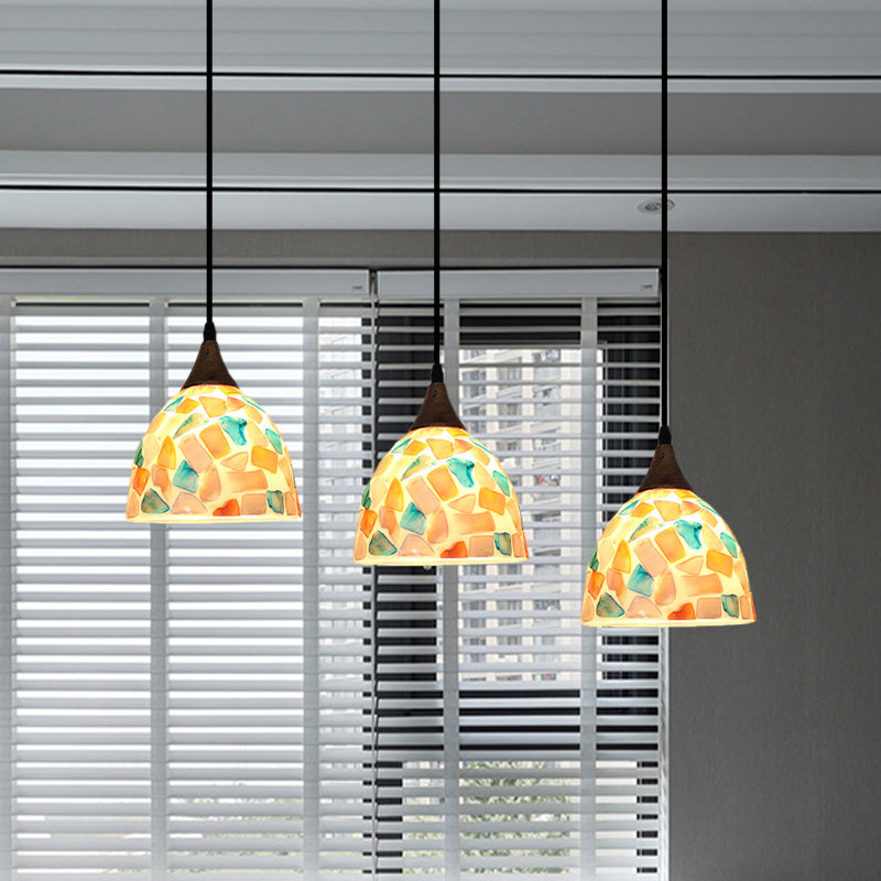 Bell Shaped Mosaic Tile Shell Drop Lamp Tiffany-Style 3 Bulbs Bronze Multi Light Pendant with Round/Linear Canopy Clearhalo 'Ceiling Lights' 'Industrial' 'Middle Century Pendants' 'Pendant Lights' 'Pendants' 'Tiffany close to ceiling' 'Tiffany Pendants' 'Tiffany' Lighting' 890187