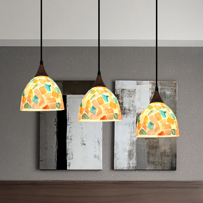 Bell Shaped Mosaic Tile Shell Drop Lamp Tiffany-Style 3 Bulbs Bronze Multi Light Pendant with Round/Linear Canopy Clearhalo 'Ceiling Lights' 'Industrial' 'Middle Century Pendants' 'Pendant Lights' 'Pendants' 'Tiffany close to ceiling' 'Tiffany Pendants' 'Tiffany' Lighting' 890188