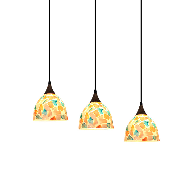 Bell Shaped Mosaic Tile Shell Drop Lamp Tiffany-Style 3 Bulbs Bronze Multi Light Pendant with Round/Linear Canopy Clearhalo 'Ceiling Lights' 'Industrial' 'Middle Century Pendants' 'Pendant Lights' 'Pendants' 'Tiffany close to ceiling' 'Tiffany Pendants' 'Tiffany' Lighting' 890189
