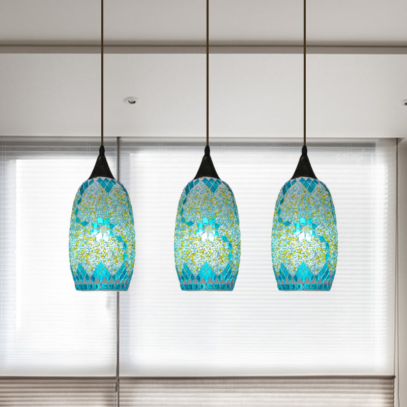 Blue Hand-Cut Glass Elliptical Pendant Tiffany 3 Heads Black Multi Hanging Light Fixture Blue Clearhalo 'Ceiling Lights' 'Industrial' 'Middle Century Pendants' 'Pendant Lights' 'Pendants' 'Tiffany close to ceiling' 'Tiffany Pendants' 'Tiffany' Lighting' 890195