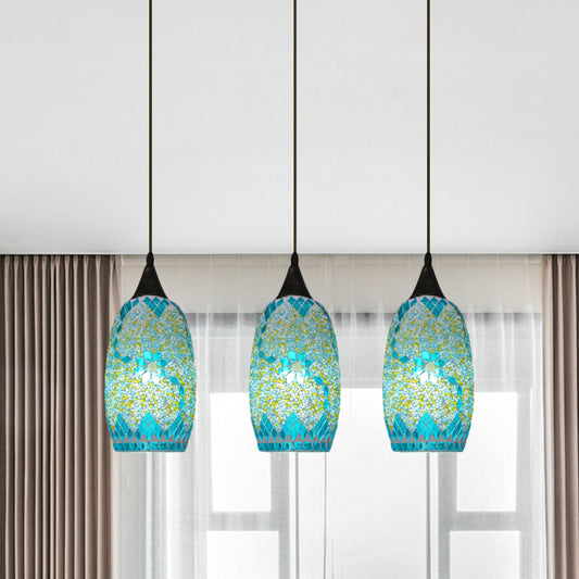 Blue Hand-Cut Glass Elliptical Pendant Tiffany 3 Heads Black Multi Hanging Light Fixture Clearhalo 'Ceiling Lights' 'Industrial' 'Middle Century Pendants' 'Pendant Lights' 'Pendants' 'Tiffany close to ceiling' 'Tiffany Pendants' 'Tiffany' Lighting' 890196