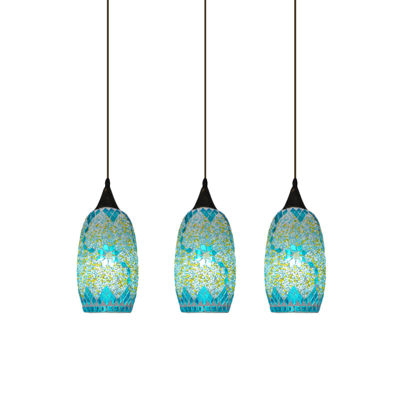 Blue Hand-Cut Glass Elliptical Pendant Tiffany 3 Heads Black Multi Hanging Light Fixture Clearhalo 'Ceiling Lights' 'Industrial' 'Middle Century Pendants' 'Pendant Lights' 'Pendants' 'Tiffany close to ceiling' 'Tiffany Pendants' 'Tiffany' Lighting' 890197