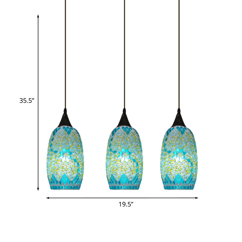 Blue Hand-Cut Glass Elliptical Pendant Tiffany 3 Heads Black Multi Hanging Light Fixture Clearhalo 'Ceiling Lights' 'Industrial' 'Middle Century Pendants' 'Pendant Lights' 'Pendants' 'Tiffany close to ceiling' 'Tiffany Pendants' 'Tiffany' Lighting' 890198