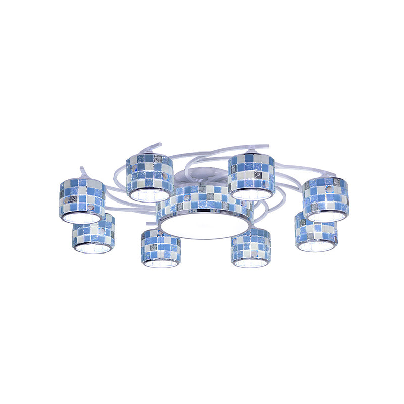 Mediterranean Drum Checkered Semi Flush 11 Heads Blue Glass Ceiling Mount Chandelier for Living Room Clearhalo 'Ceiling Lights' 'Close To Ceiling Lights' 'Close to ceiling' 'Glass shade' 'Glass' 'Pendant Lights' 'Semi-flushmount' 'Tiffany close to ceiling' 'Tiffany' Lighting' 890239
